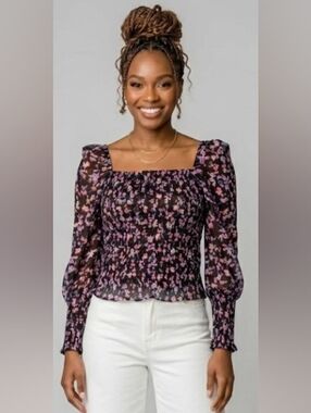 Boho Purple XL Smocked Ruffle Whimsigoth Peasant Puff Sleeve Floral Coquette New